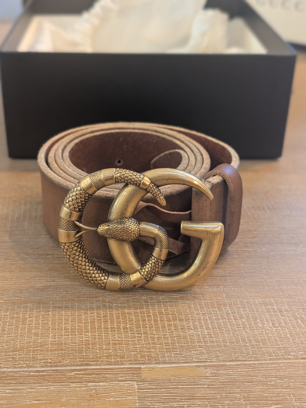 Unisex Brown Leather Belt with Antique Gold Snake Buckle With All Documents